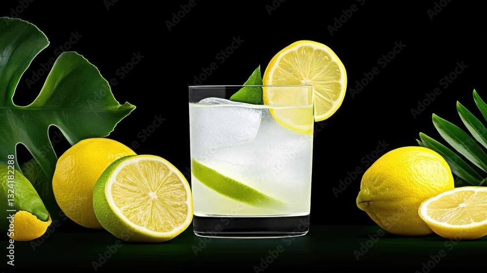 Poster a glass of lemonade with a lime slice on top. the glass is filled with ice and the lemonade is clear