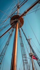 Fototapeta premium The towering mast of a classic sailing ship rises majestically against a vibrant blue sky, showcasing intricate rigging and craftsmanship. This image captures the essence of maritime adventure
