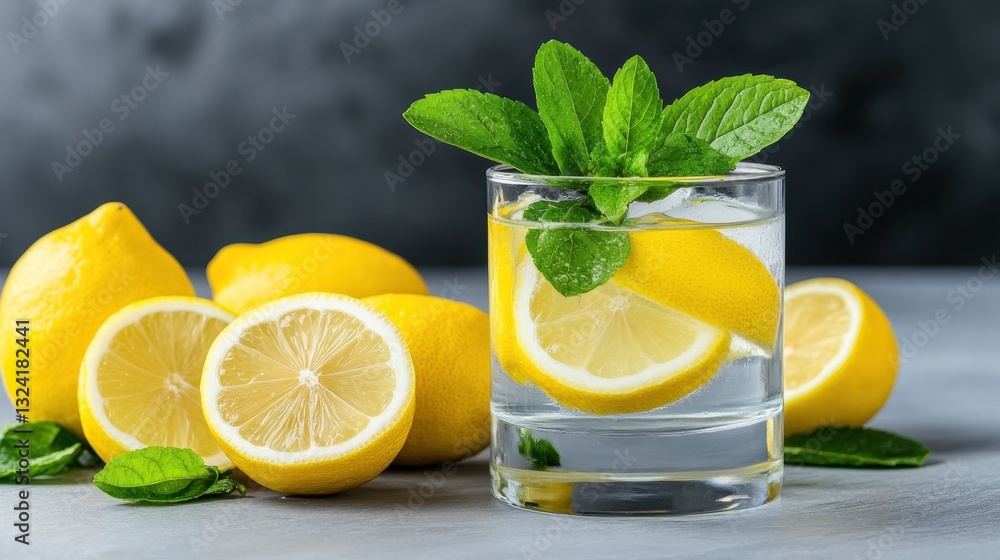 Poster a glass of water with a lemon slice in it. the lemon slices are cut in half and are placed on a tabl