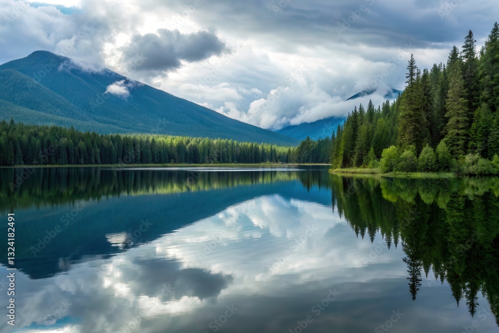 Poster reflections of mountains and forests under cloudy sky in tranquil lake setting generative ai