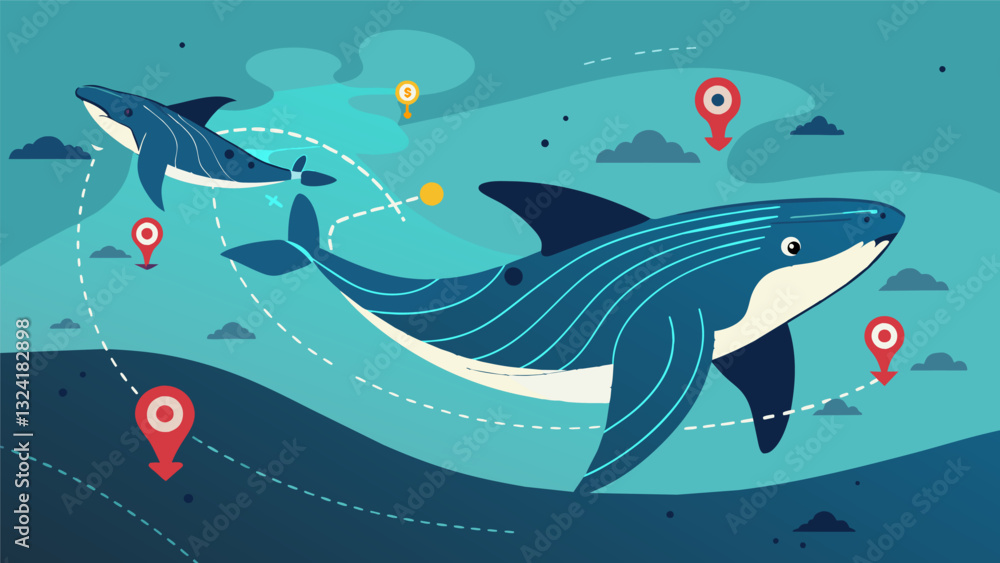 Poster gps tracking data from humpback whales shows their annual migration routes and potential grounds.. v