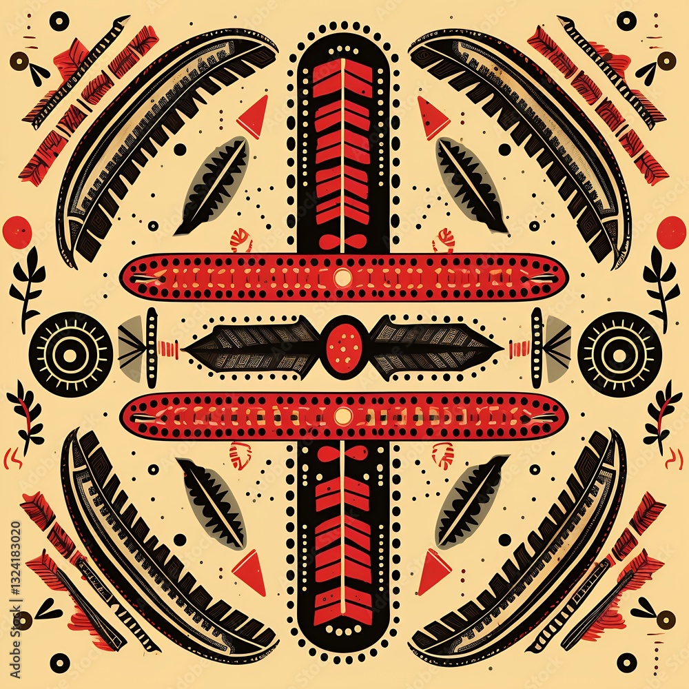 Poster symmetrical abstract geometric pattern with red and black motifs on beige background