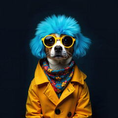 A dog with blue hair and sunglasses, wearing a yellow jacket and a bright scarf on a dark background