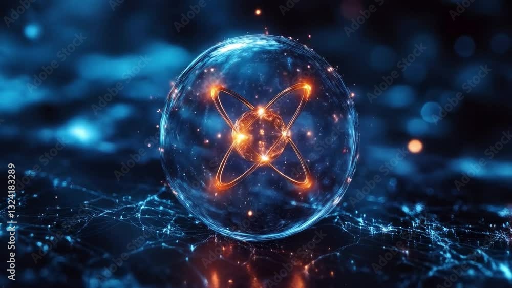 Fototapete This depiction showcases the intricate concepts of quantum mechanics, highlighting a qubit in superposition within a vibrant digital landscape. Entangled particles interact under quantum dynamics.