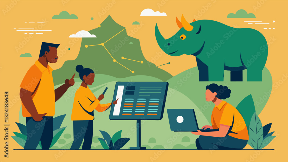 Poster in an effort to protect dwindling populations of rhinoceros conservationists analyze data on poachin