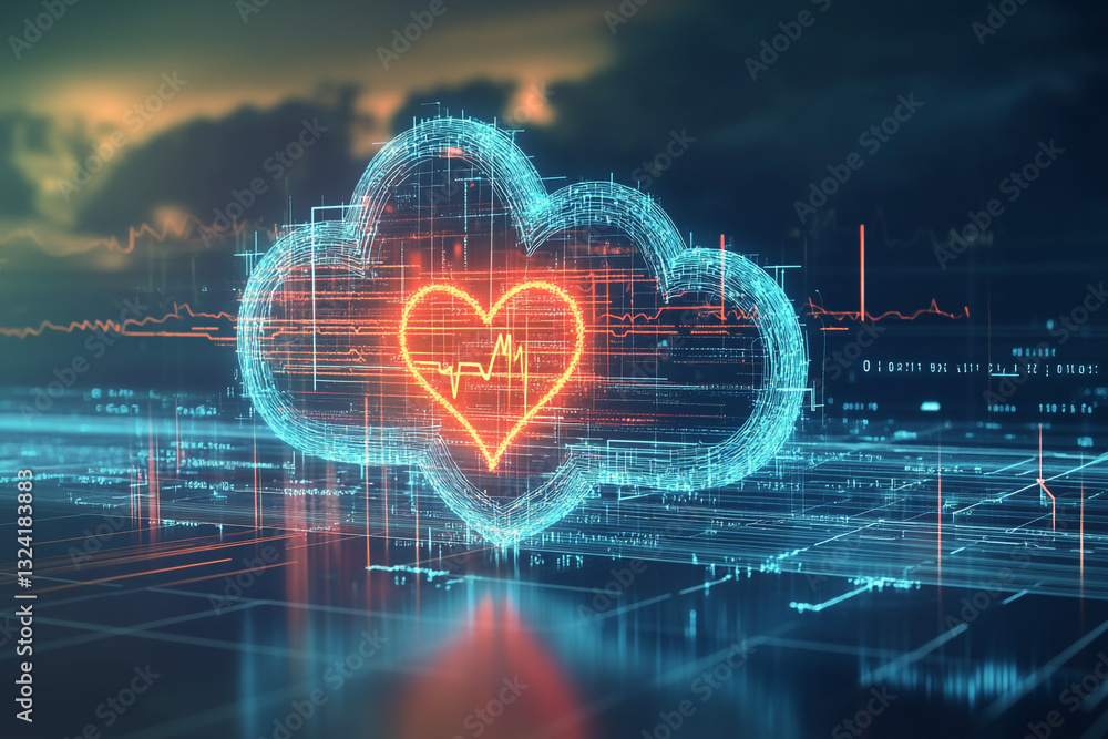 Poster digital heartbeat cloud computing network technology data red web blue code cyber lines pulse health