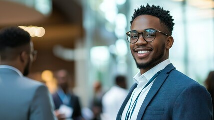 Obraz premium A confident young Black entrepreneur networking at a business conference