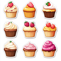 Delicious cupcakes with various toppings, including strawberries and cherries, arranged in grid. Each cupcake features unique frosting and colors, creating vibrant and appealing display