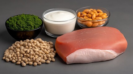 A variety of foods including beans, nuts, and meat are displayed on a table. Concept of abundance and variety, as well as the importance of a balanced diet