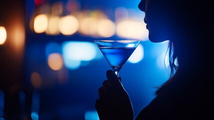 In a cozy bar, a woman holds a martini glass, illuminated by soft blue backlights, capturing an elegant and intimate nightlife atmosphere