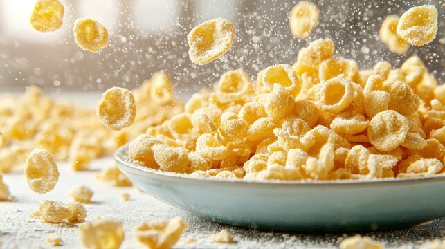 Cereal Bowl Golden cereal rings levitate near a blue bowl on a bright surface
