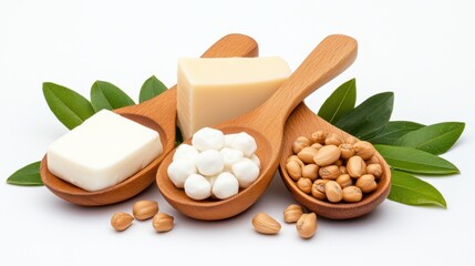 A spoonful of nuts and seeds are displayed on a white background. The spoon is made of wood and is placed on top of the nuts and seeds. Concept of abundance and health, as the nuts