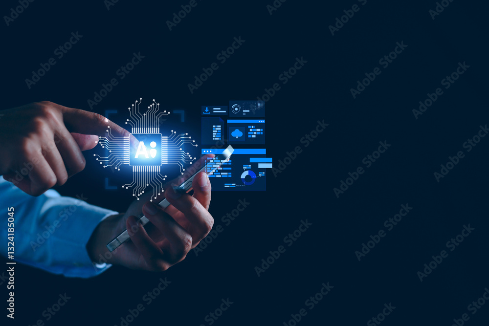 Poster ai technology, artificial intelligence software concept, man using technology smart robot ai tech fo