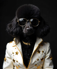 A black poodle wearing black sunglasses and a white jacket with gold stars on a dark background
