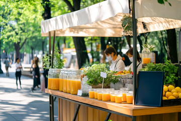 A lively juice stand displays an array of fresh fruits and juices, operated by dedicated staff amidst a vibrant market environment filled with greenery and pedestrians enjoying their day