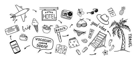 Travel on vacation set. Ticket booking, airplane, hotel, beach, sunglasses, hat, lounge chair, swimsuit, map, palm tree and cocktail hand drawn. Collection of illustrations about travel, vacation