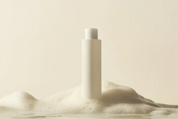A 30 ml bottle of lash cleansing foam stands vertically on a layer of foam against a light pastel cream background. The product is centered in the frame