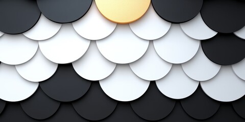 A black and white image of a gold circle in the middle of a pattern of black and white circles