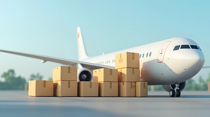 cargo plane positioned next to stacked boxes, symbolizing shipping and logistics. scene conveys sense of efficiency and organization in transportation