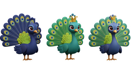 Three Adorable Cartoon Peacocks in Different Colors
