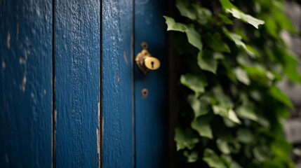 Close-up view of a weathered wooden door with peeling blue paint and brass handle, framed by ivy-covered stone walls, inviting exploration of hidden history