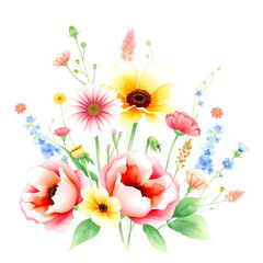 Beautiful floral bouquet with watercolor hand drawn summer wild field flowers. Stock clip art illustration.