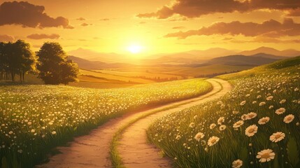 Fototapeta premium Winding path through wildflowers at golden sunset