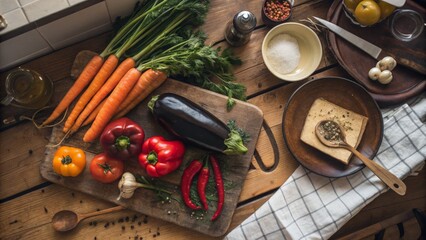 A vibrant assortment of fresh vegetables, including carrots, peppers, and eggplant, arranged on a wooden table with kitchen utensils.