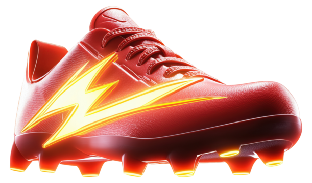 High-performance red soccer cleat with lightning design isolated on transparent background.