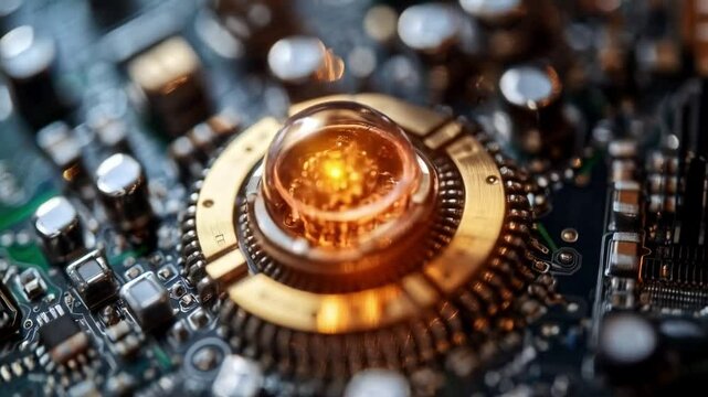 This visual illustrates intricate quantum technology components, highlighting qubit circuits vital for superposition and entanglement. The focus is on a glowing orb representing coherence.