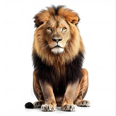 Fototapeta premium Majestic Lion with Flowing Mane Sitting Proudly Against White Background
