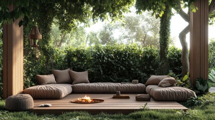 Serene outdoor patio fire pit lounge, lush garden