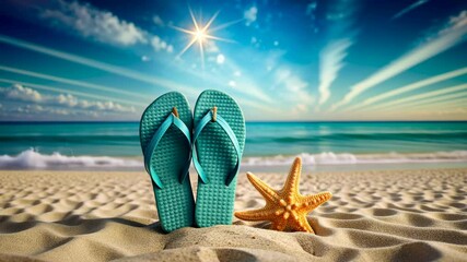 A pair of blue flip flops and a starfish on the beach at summertime vacations 4K