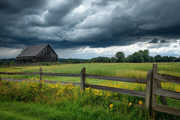 Rustic wooden barn in summer field under dramatic stormy sky old farm dark grey view rural grass