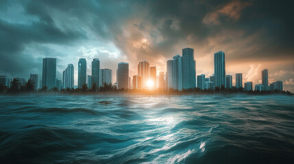 Fototapeta premium Dramatic coastal cityscape sunset dramatic ocean waves city skyline sea view dark blue teal water