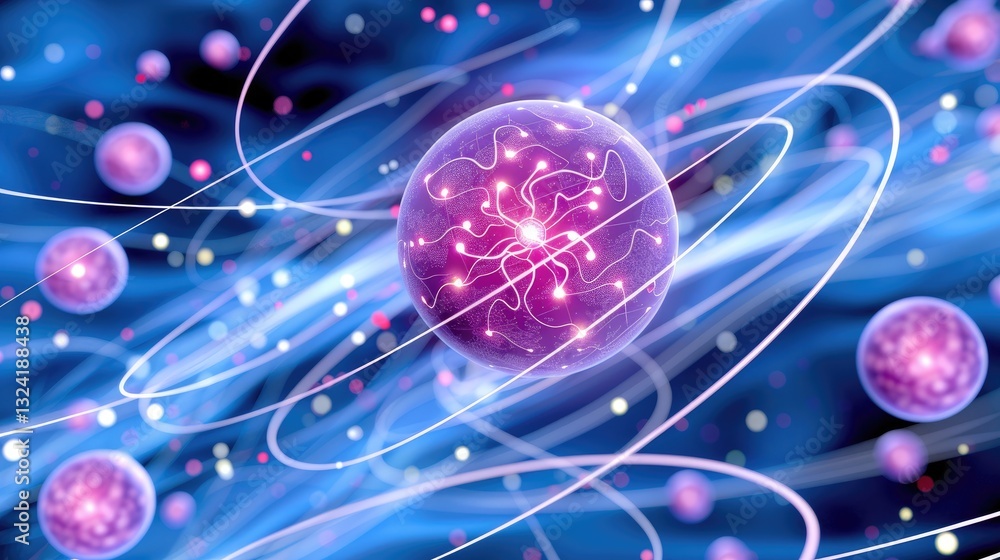Poster vibrant abstract representation of quantum mechanics principles energy particles in motion on a blue