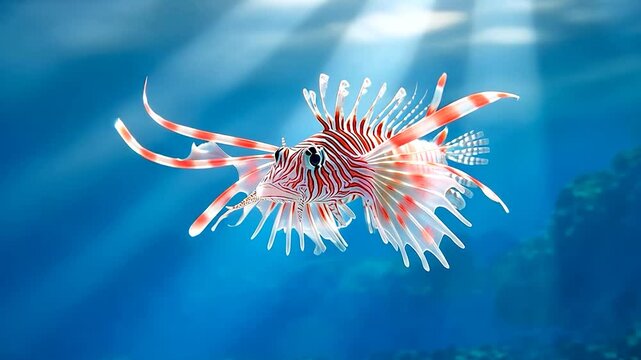 Vibrant lionfish gracefully swimming in clear blue ocean waters with sunlight filtering through