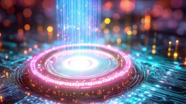 A vibrant representation of quantum computing concepts showcases the complexity of qubits and their interactions. Colors highlight the elements of superposition and entanglement in a circuit design.