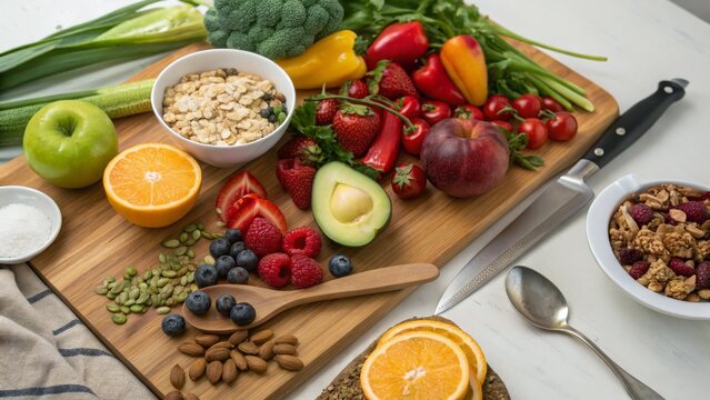 A vibrant assortment of fresh fruits, vegetables, and grains displayed on a wooden cutting board, promoting healthy eating and meal preparation.