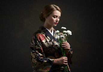 A white woman wearing a kimono holding a bouquet of flowers- traditional attire
