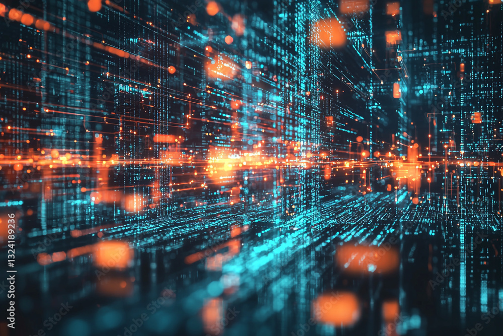 Poster abstract digital cityscape with glowing orange and teal data streams web code cyber space light line