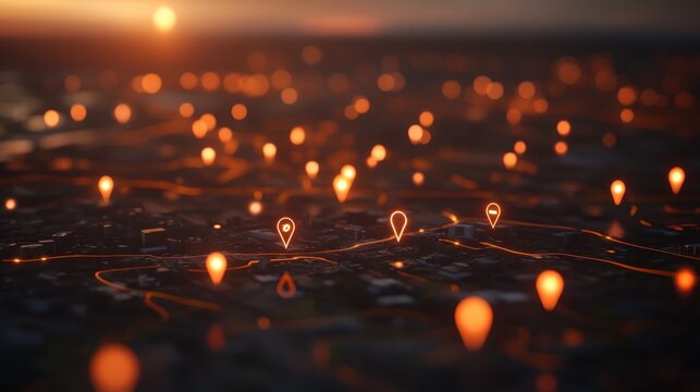 A vibrant digital map highlights local businesses with glowing navigation pins over a blurred cityscape, illustrating modern search engine optimization strategies