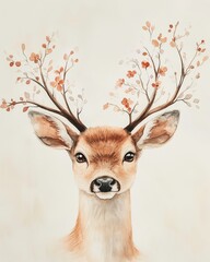 serene watercolor deer, deer with flowers, pastel antler soft deer portrait, gentle nature painting, forest animal illustration, watercolor botanical deer, expressive animal eyes, dreamy deer painting