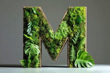 Letter M made of the vibrant green ecosystem of moss, ferns, and monstera plants
