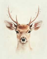 serene watercolor deer, deer with flowers, pastel antlers, soft deer , gentle nature painting, forest animal illustration, watercolor botanical deer, expressive animal eyes, dreamy deer painting