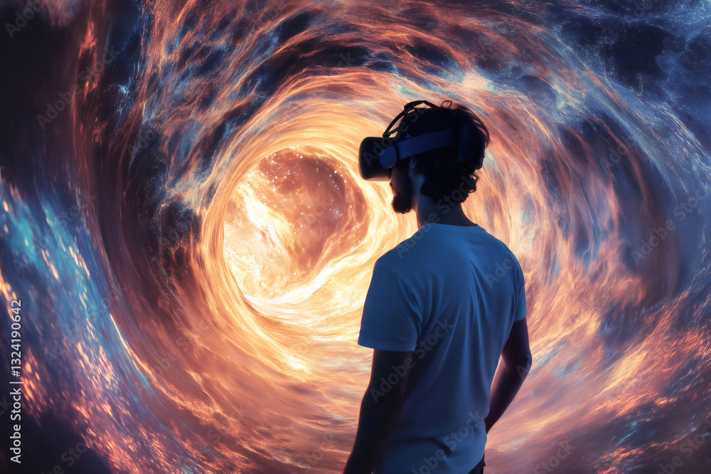 Aufkleber man wearing a virtual reality headset immersing in a vibrant wormhole while exploring the boundless 