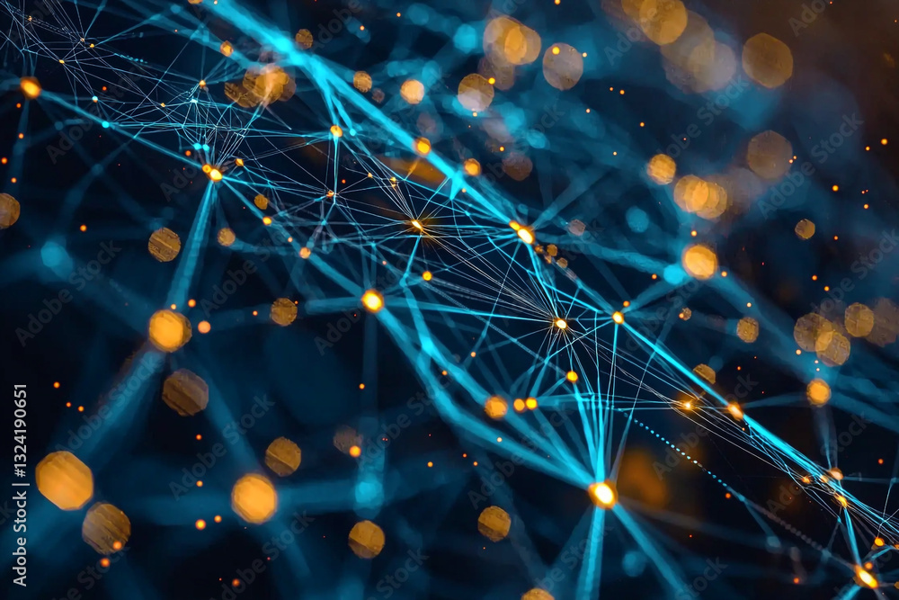 Poster abstract network connection digital technology blue orange glow web data dark light lines nodes