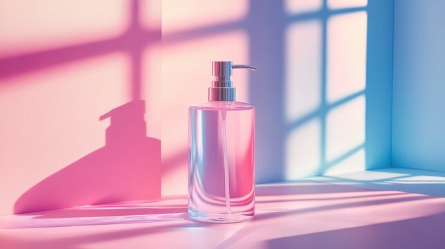 A clear plastic liquid soap dispenser, its sleek form bathed in soft pink and blue shadows, stood against a vibrant backdrop that evoked the tranquil atmosphere of a summer afternoon.