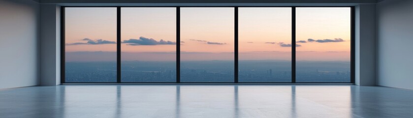 A spacious interior with large glass windows showcasing a colorful sunset and serene clouds against a tranquil sky.