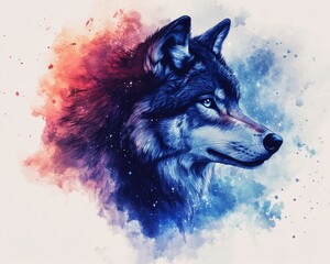 mystical watercolor wolf, blue purple wolf, celestial animal painting, ethereal wolf illustration, fantasy wildlife watercolor, dreamy wolf painting, night sky animal, soft watercolor wolf